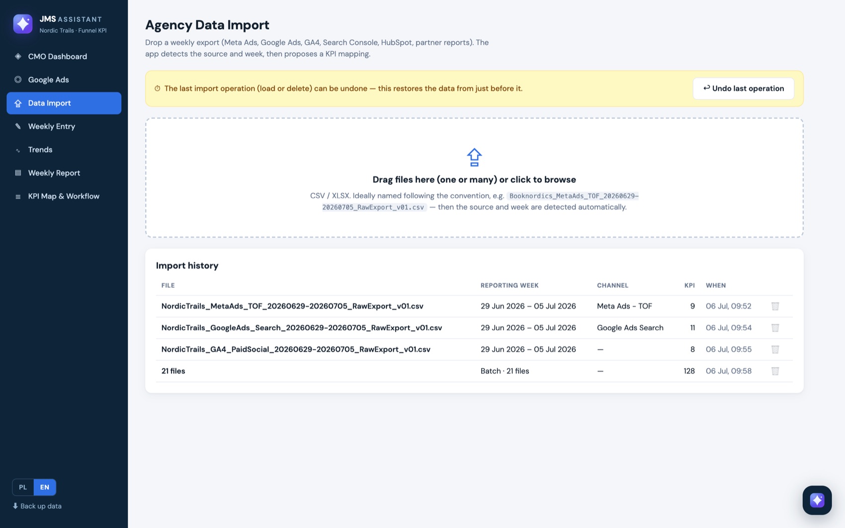 Data import view with drag-and-drop area and import history