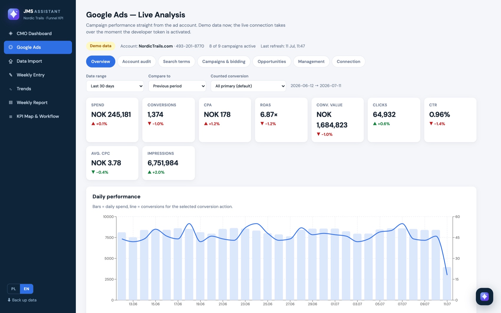 Google Ads overview: KPI cards for spend, conversions, CPA and ROAS with a daily performance chart